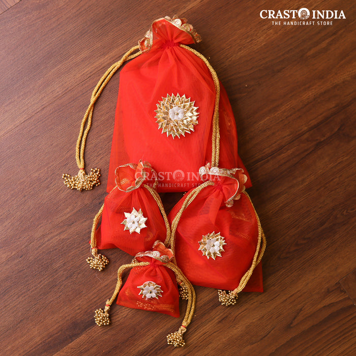CRASTO INDIA HANDCRAFTED GOTA FLOWER WITH BEAD JHUMKI RED POTLI (PACK OF 10 PCS) (Available in 4 sizes)