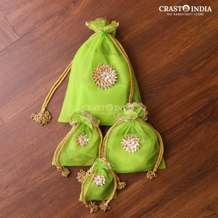 CRASTO INDIA HANDCRAFTED GOTA FLOWER WITH BEAD JHUMKI GREEN POTLI (PACK OF 10 PCS) (Available in 4 sizes)