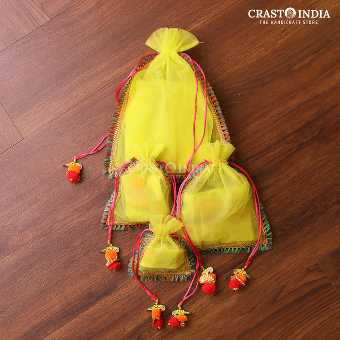 CRASTO INDIA HANDCRAFTED NEON YELLOW POTLI WITH PARROT POM-POM LATKAN (PACK OF 10 PCS) (AVAILABLE IN 4 SIZES)