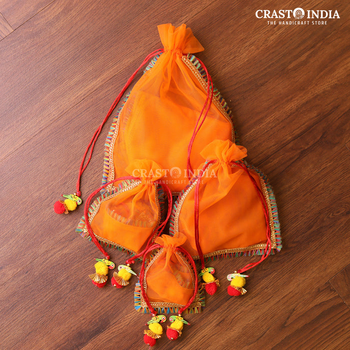 CRASTO INDIA HANDCRAFTED ORANGE POTLI WITH PARROT POM-POM LATKAN (PACKOF 10 PCS) (AVAILABLE IN 4 SIZES)