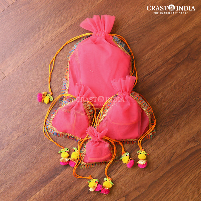 CRASTO INDIA HANDCRAFTED PINK POTLI WITH PARROT POM-POM LATKAN (PACK OF 10 PCS) (AVAILABLE IN 4 SIZES)