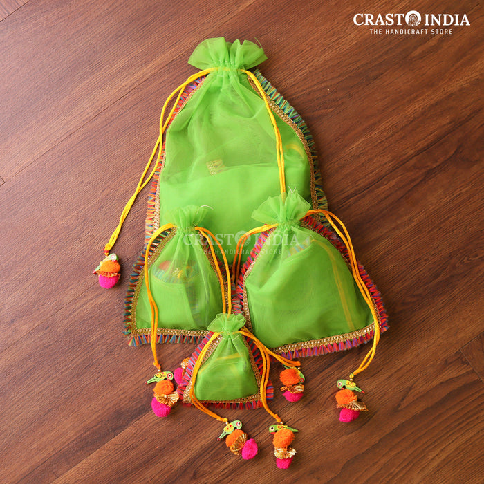 CRASTO INDIA HANDCRAFTED GREEN POTLI WITH PARROT POM-POM LATKAN (PACK OF 10 PCS) (AVAILABLE IN 4 SIZES)