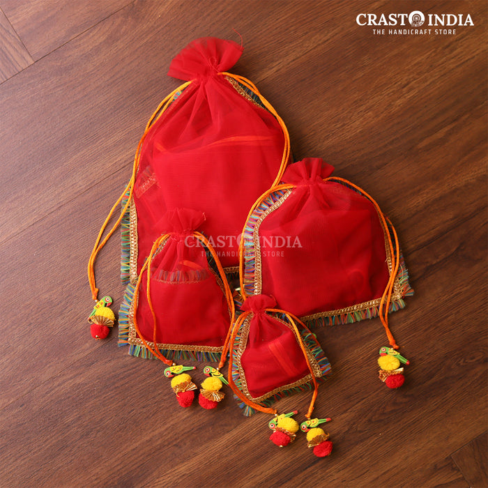 CRASTO INDIA HANDCRAFTED RED POTLI WITH PARROT POM-POM LATKAN (PACK OF 10 PCS)(AVAILABLE IN 4 SIZES)