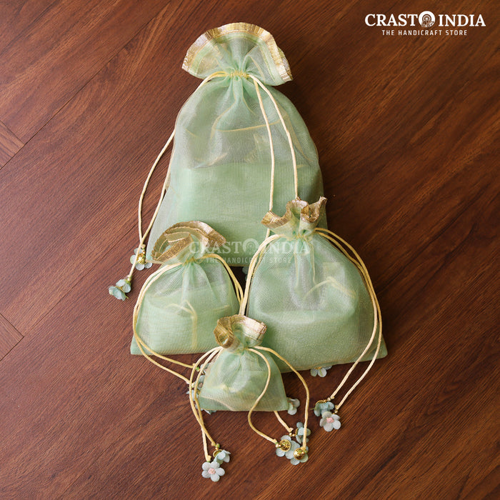 CRASTO INDIA HANDCRAFTED GOTA FRILL FLOWER LATKAN BLUE GREEN POTLI (PACK OF 10 PCS)(AVAILABLE IN 4 SIZES)