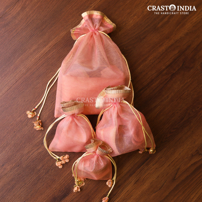CRASTO INDIA HANDCRAFTED GOTA FRILL FLOWER LATKAN PINK POTLI (PACK OF 10 PCS) (AVAILABLE IN 4 SIZES)