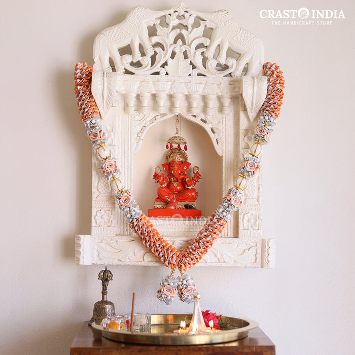 CRASTO INDIA HANDCRAFTED RIBBON MALA WITH ROSES AND BALL (PEACH-SILVER)
