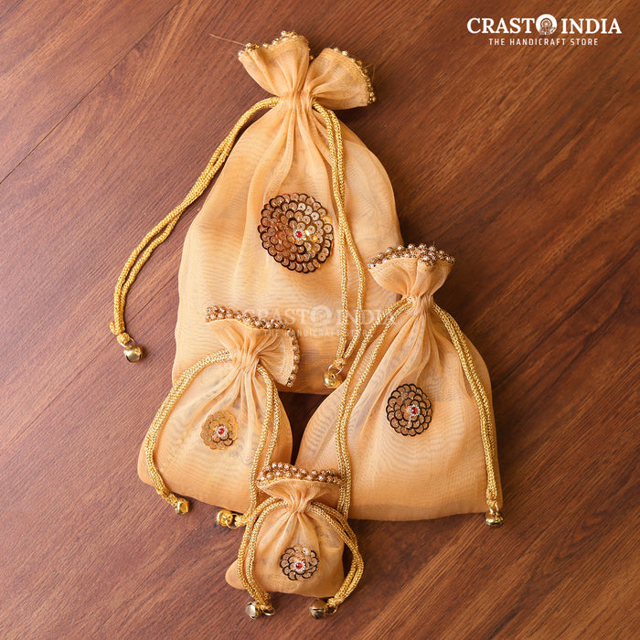CRASTO INDIA HANDCRAFTED KUNDAN FLOWER WITH GHUNGROO LATKAN BEIGE GOLD POTLI (PACK OF 10 PCS) ( AVAILABLE IN 4 SIZES)