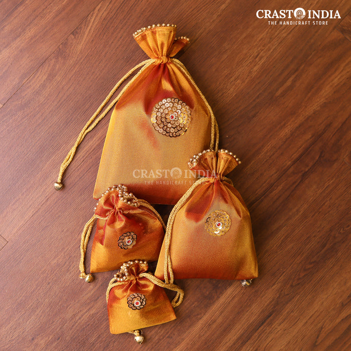 CRASTO INDIA HANDCRAFTED KUNDAN FLOWER WITH GHUNGROO LATKAN COPPER GOLD POTLI (PACK OF 10 PCS) (AVAILABLE IN 4 SIZES)