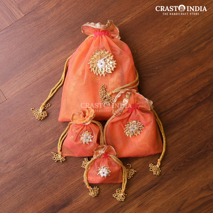 CRASTO INDIA HANDCRAFTED GOTA FLOWER WITH BEAD JHUMKI PINK-PEACH POTLI (PACK OF 10 PCS) (Available in 4 sizes)