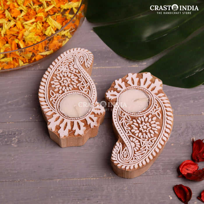 CRASTO INDIA HANDCRAFTED FESTIVE WOODEN BLOCK DIYA #66 (PAIR)