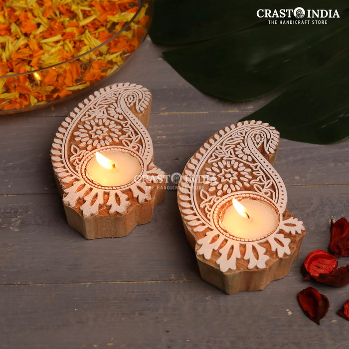 CRASTO INDIA HANDCRAFTED FESTIVE WOODEN BLOCK DIYA #66 (PAIR)