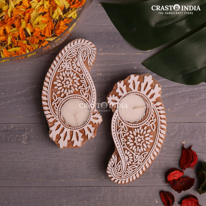 CRASTO INDIA HANDCRAFTED FESTIVE WOODEN BLOCK DIYA #66 (PAIR)