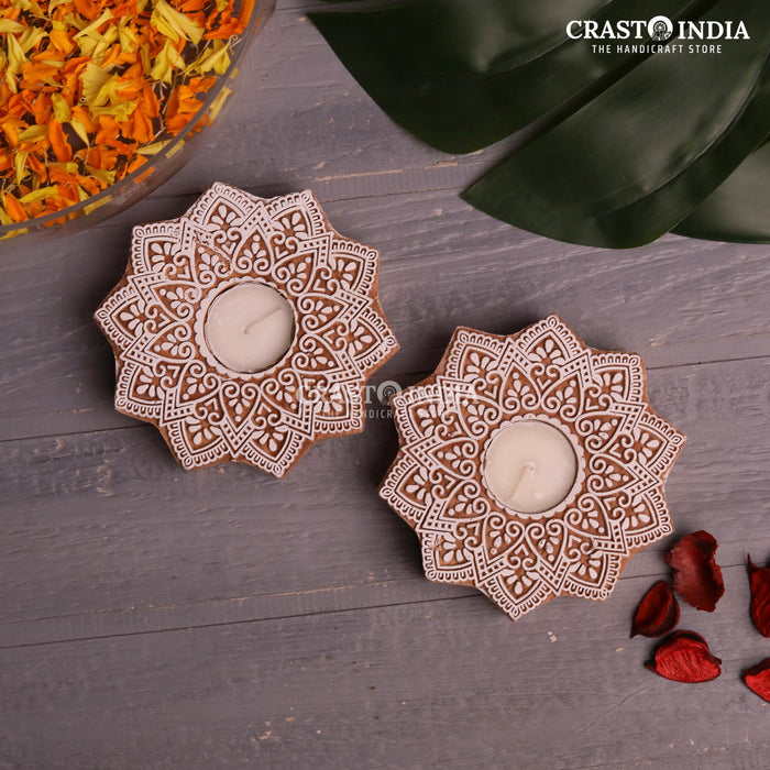 CRASTO INDIA HANDCRAFTED FESTIVE WOODEN BLOCK DIYA #64 (PAIR)