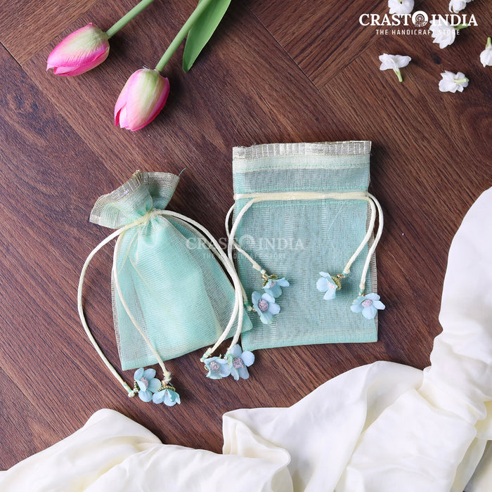 CRASTO INDIA HANDCRAFTED GOTA FRILL FLOWER LATKAN BLUE GREEN POTLI (PACK OF 10 PCS)(AVAILABLE IN 4 SIZES)