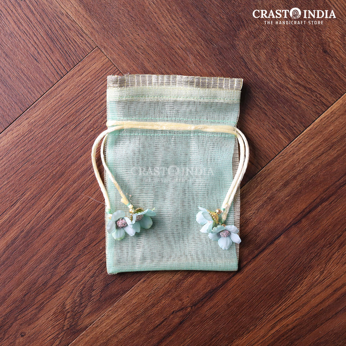 CRASTO INDIA HANDCRAFTED GOTA FRILL FLOWER LATKAN BLUE GREEN POTLI (PACK OF 10 PCS)(AVAILABLE IN 4 SIZES)