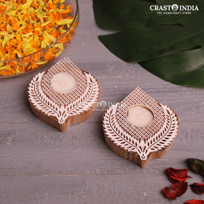 CRASTO INDIA HANDCRAFTED FESTIVE WOODEN BLOCK DIYA #63 (PAIR)