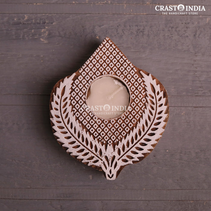CRASTO INDIA HANDCRAFTED FESTIVE WOODEN BLOCK DIYA #63 (PAIR)