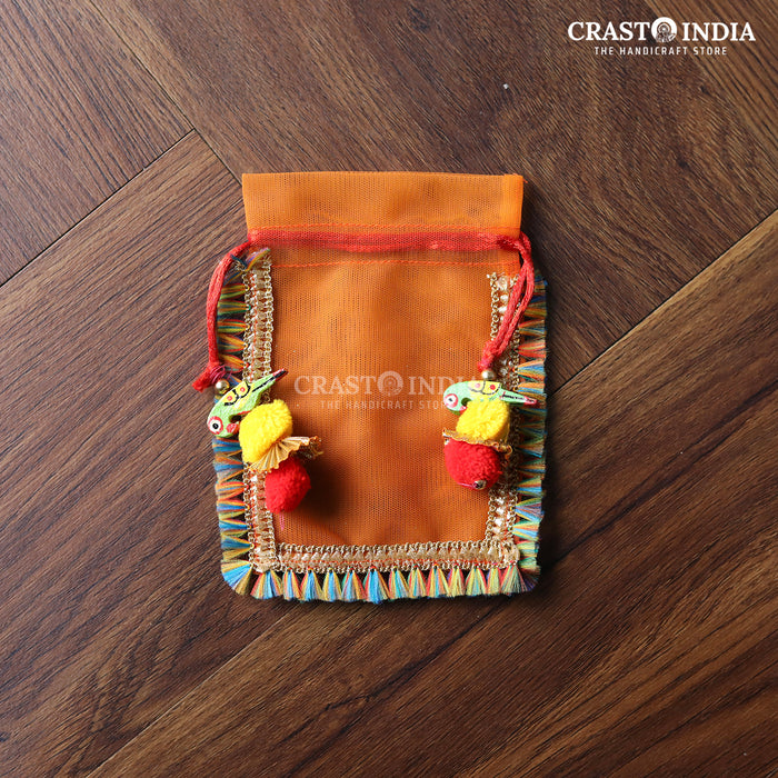 CRASTO INDIA HANDCRAFTED CLOTH POTLI WITH PARROT POM-POM LATKAN - ORANGE ( AVAILABLE IN 4 SIZES)