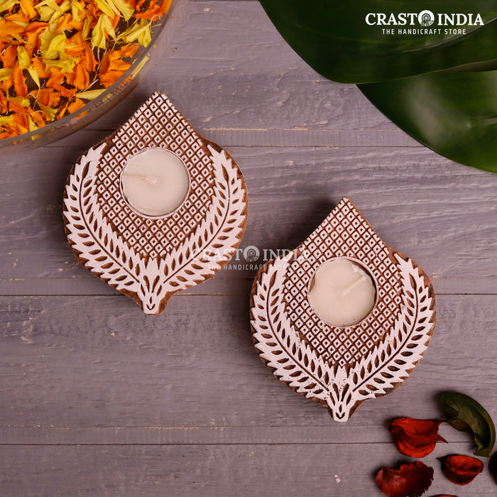 CRASTO INDIA HANDCRAFTED FESTIVE WOODEN BLOCK DIYA #63 (PAIR)