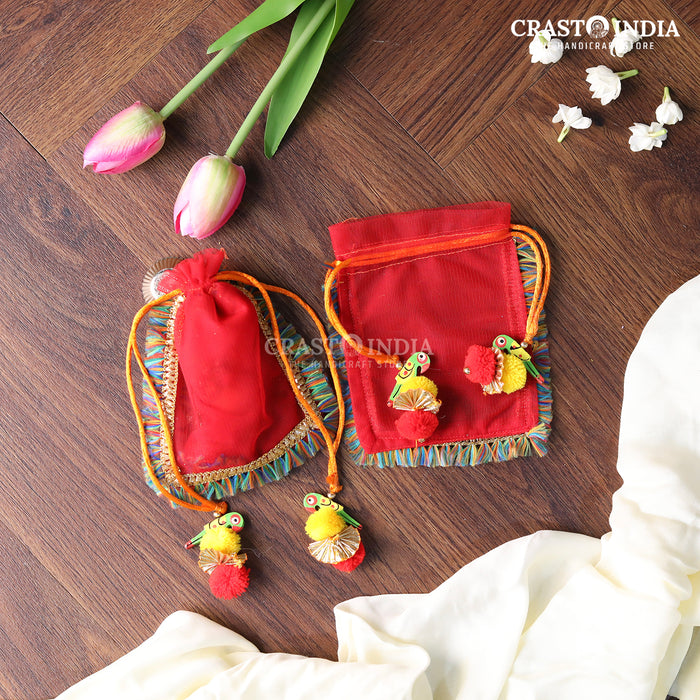 CRASTO INDIA HANDCRAFTED RED POTLI WITH PARROT POM-POM LATKAN (PACK OF 10 PCS)(AVAILABLE IN 4 SIZES)