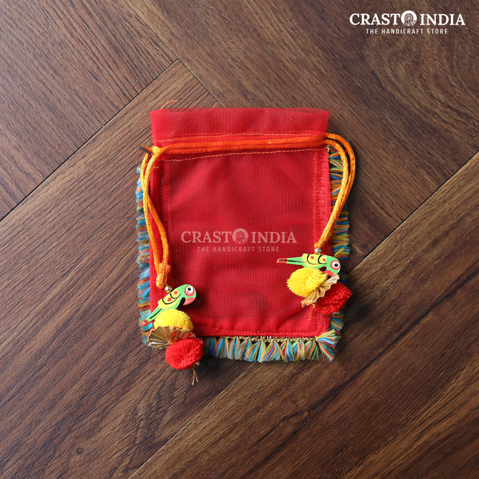 CRASTO INDIA HANDCRAFTED RED POTLI WITH PARROT POM-POM LATKAN (PACK OF 10 PCS)(AVAILABLE IN 4 SIZES)
