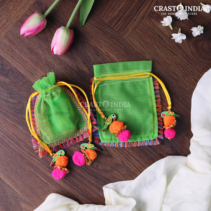 CRASTO INDIA HANDCRAFTED GREEN POTLI WITH PARROT POM-POM LATKAN - (PACK OF 10 PCS) (AVAILABLE IN 4 SIZES)
