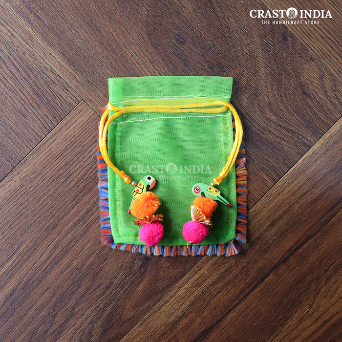 CRASTO INDIA HANDCRAFTED GREEN POTLI WITH PARROT POM-POM LATKAN - (PACK OF 10 PCS) (AVAILABLE IN 4 SIZES)