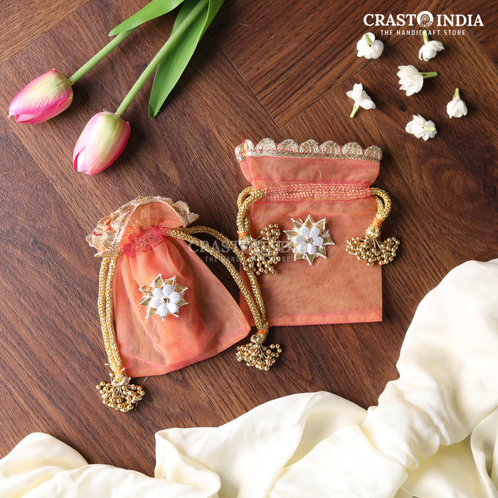 CRASTO INDIA HANDCRAFTED GOTA FLOWER WITH BEAD JHUMKI CLOTH POTLI - PINK-PEACH (Available in 4 sizes)