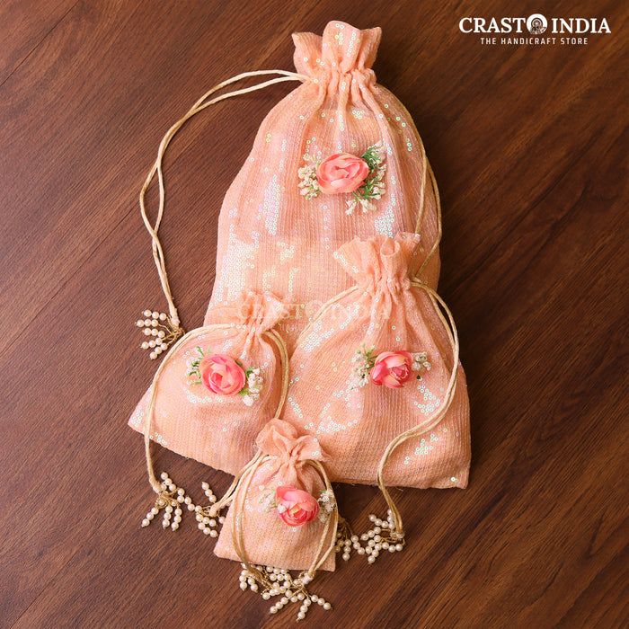 CRASTO INDIA HANDCRAFTED PINK SEQUENCE CLOTH POTLI WITH PEARL TASSLES - PINK ( AVAILABLE IN 4 SIZES)