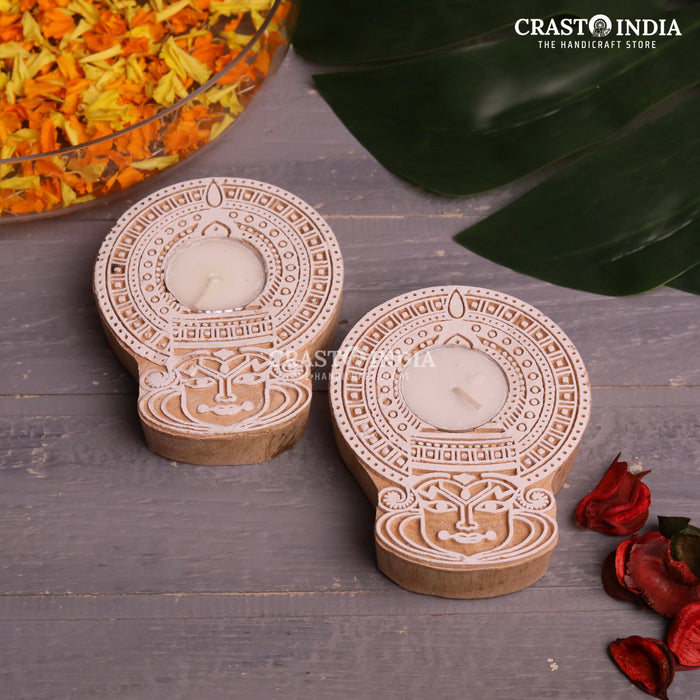 CRASTO INDIA HANDCRAFTED FESTIVE WOODEN BLOCK DIYA #62 (PAIR)