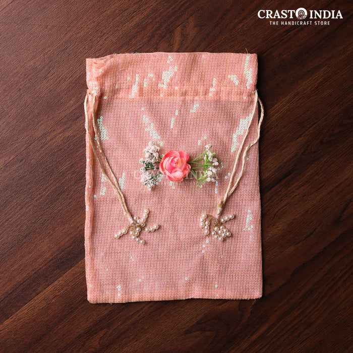 CRASTO INDIA HANDCRAFTED PINK SEQUENCE CLOTH POTLI WITH PEARL TASSLES - PINK ( AVAILABLE IN 4 SIZES)