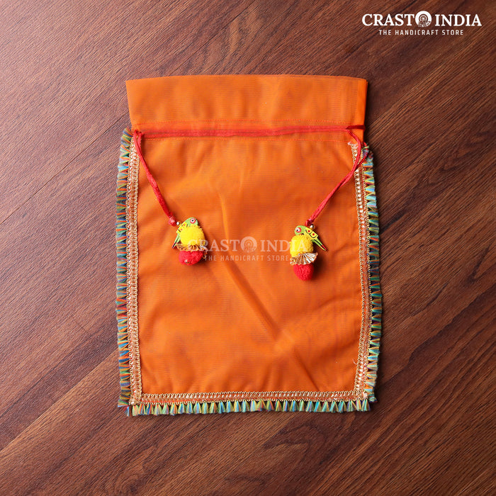 CRASTO INDIA HANDCRAFTED CLOTH POTLI WITH PARROT POM-POM LATKAN - ORANGE ( AVAILABLE IN 4 SIZES)