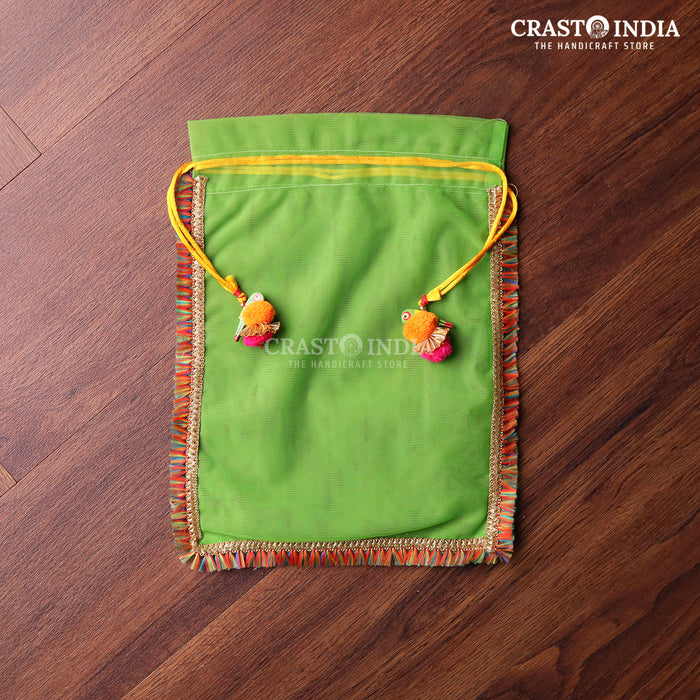 CRASTO INDIA HANDCRAFTED GREEN POTLI WITH PARROT POM-POM LATKAN - (PACK OF 10 PCS) (AVAILABLE IN 4 SIZES)
