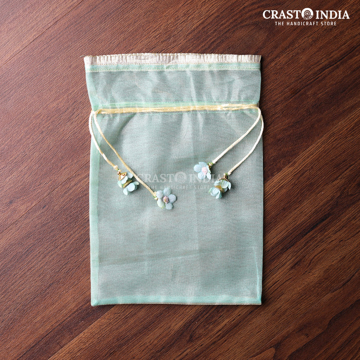 CRASTO INDIA HANDCRAFTED GOTA FRILL FLOWER LATKAN BLUE GREEN POTLI (PACK OF 10 PCS)(AVAILABLE IN 4 SIZES)