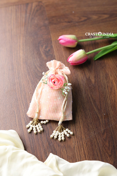 CRASTO INDIA HANDCRAFTED PINK SEQUENCE CLOTH POTLI WITH PEARL TASSLES - PINK ( AVAILABLE IN 4 SIZES)