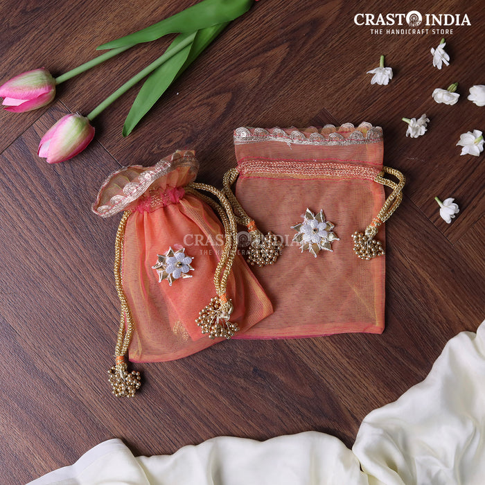 CRASTO INDIA HANDCRAFTED GOTA FLOWER WITH BEAD JHUMKI CLOTH POTLI - PINK-PEACH (Available in 4 sizes)