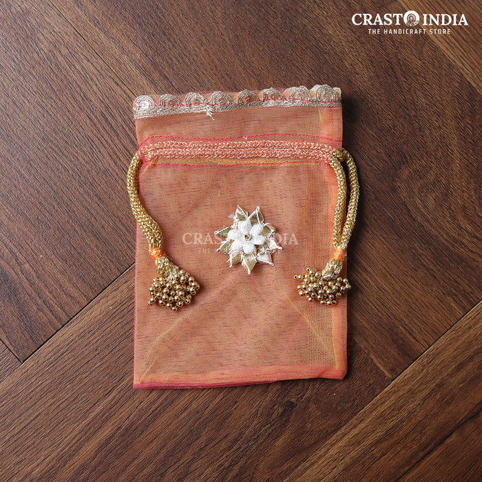 CRASTO INDIA HANDCRAFTED GOTA FLOWER WITH BEAD JHUMKI CLOTH POTLI - PINK-PEACH (Available in 4 sizes)