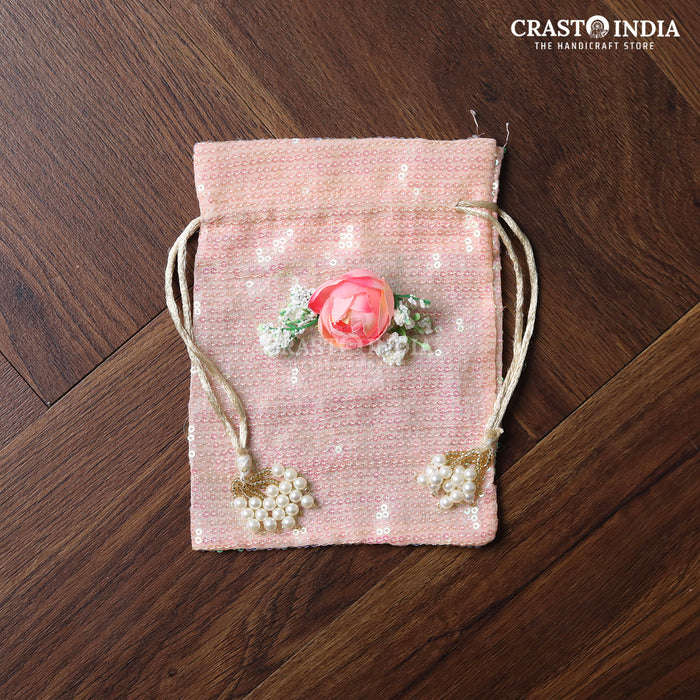 CRASTO INDIA HANDCRAFTED PINK SEQUENCE CLOTH POTLI WITH PEARL TASSLES - PINK ( AVAILABLE IN 4 SIZES)