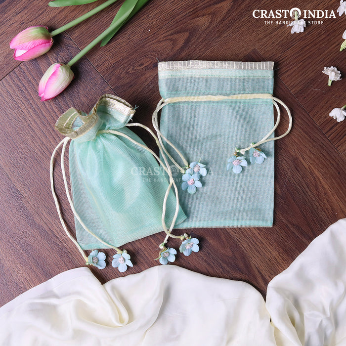 CRASTO INDIA HANDCRAFTED GOTA FRILL FLOWER LATKAN BLUE GREEN POTLI (PACK OF 10 PCS)(AVAILABLE IN 4 SIZES)