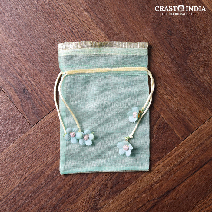 CRASTO INDIA HANDCRAFTED GOTA FRILL FLOWER LATKAN BLUE GREEN POTLI (PACK OF 10 PCS)(AVAILABLE IN 4 SIZES)