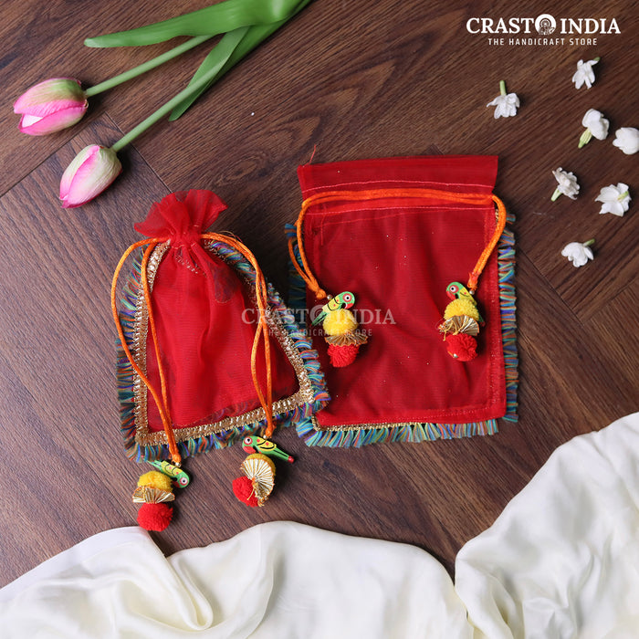 CRASTO INDIA HANDCRAFTED RED POTLI WITH PARROT POM-POM LATKAN (PACK OF 10 PCS)(AVAILABLE IN 4 SIZES)