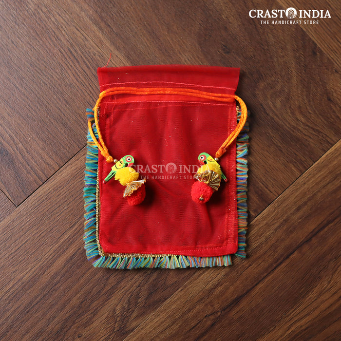 CRASTO INDIA HANDCRAFTED RED POTLI WITH PARROT POM-POM LATKAN (PACK OF 10 PCS)(AVAILABLE IN 4 SIZES)