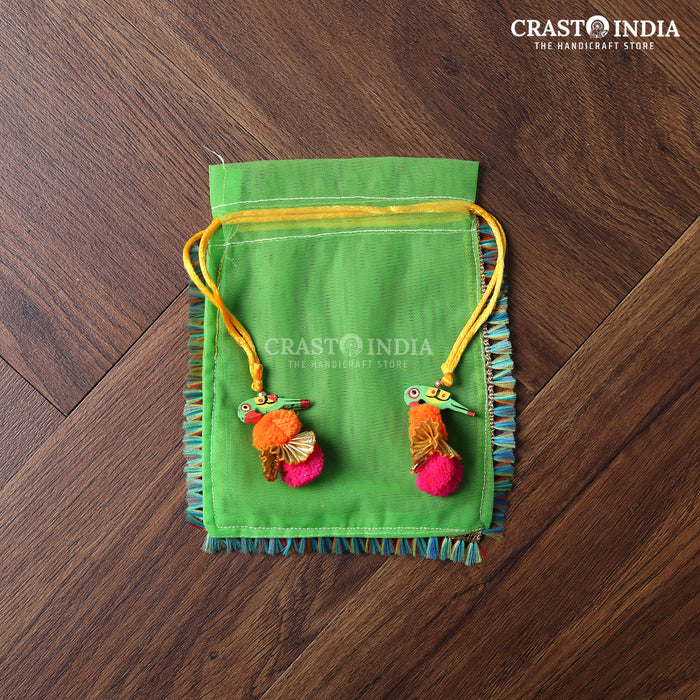 CRASTO INDIA HANDCRAFTED GREEN POTLI WITH PARROT POM-POM LATKAN - (PACK OF 10 PCS) (AVAILABLE IN 4 SIZES)