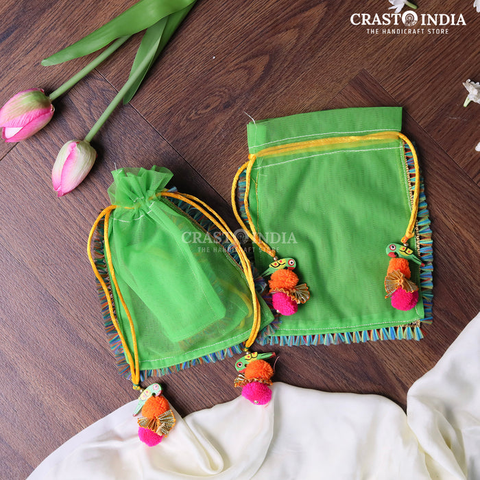 CRASTO INDIA HANDCRAFTED GREEN POTLI WITH PARROT POM-POM LATKAN - (PACK OF 10 PCS) (AVAILABLE IN 4 SIZES)