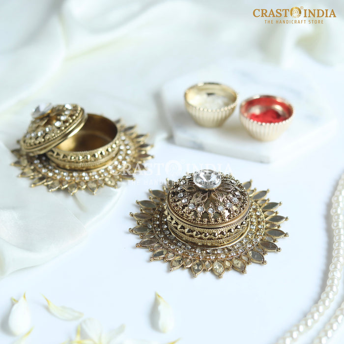PACK OF 2 PCS - CRASTO INDIA HANDCRAFTED COIN BOX/SINDOOR BOX FLOWER DABBI WITHOUT HINGE IN ANTIQUE GOLD FINISH