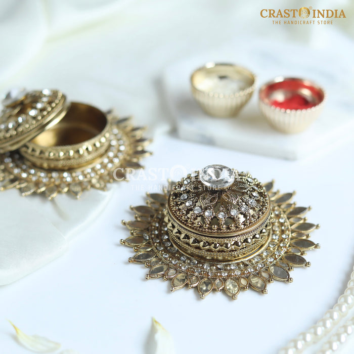 PACK OF 2 PCS - CRASTO INDIA HANDCRAFTED COIN BOX/SINDOOR BOX FLOWER DABBI WITHOUT HINGE IN ANTIQUE GOLD FINISH