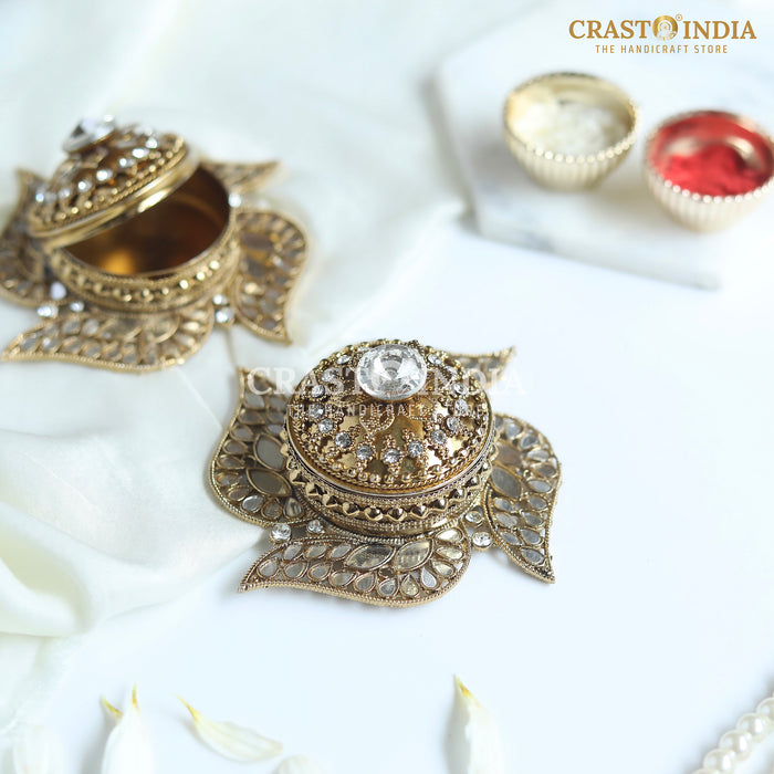 PACK OF 3 PCS - CRASTO INDIA HANDCRAFTED COIN BOX/SINDOOR BOX SWASTIK DABBI IN ANTIQUE GOLD FINISH