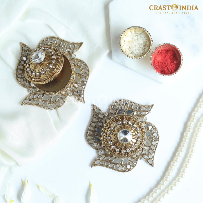 PACK OF 3 PCS - CRASTO INDIA HANDCRAFTED COIN BOX/SINDOOR BOX SWASTIK DABBI IN ANTIQUE GOLD FINISH