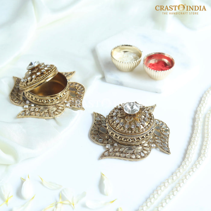PACK OF 3 PCS - CRASTO INDIA HANDCRAFTED COIN BOX/SINDOOR BOX SWASTIK DABBI IN ANTIQUE GOLD FINISH