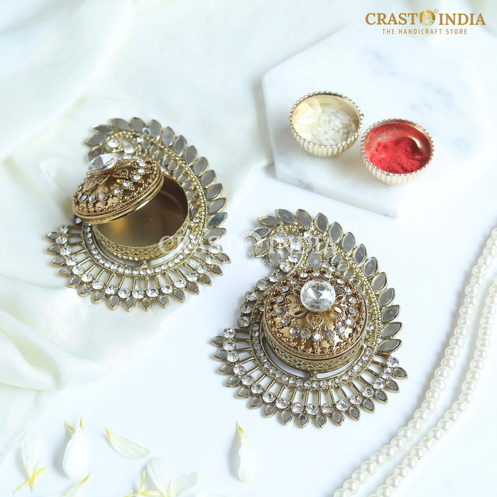 PACK OF 2 PCS - CRASTO INDIA HANDCRAFTED COIN BOX/SINDOOR BOX MANGO DABBI IN ANTIQUE GOLD FINISH